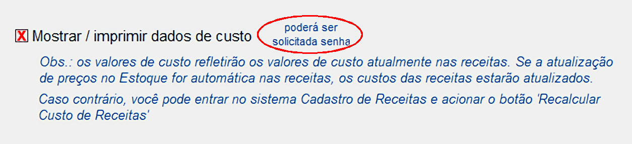 Tela de aviso de opção para inclusão de custo