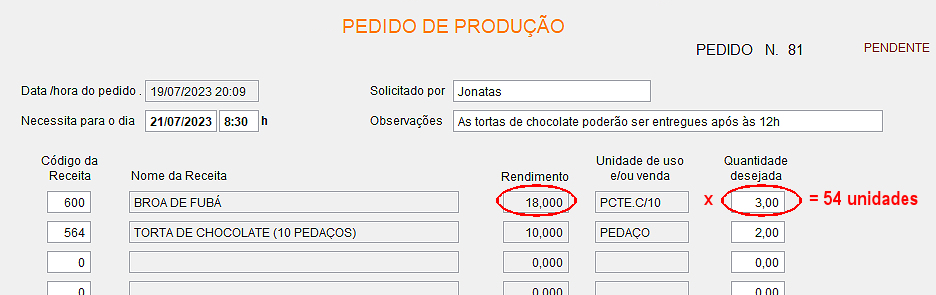 Cadastramento de uma ordem de produção