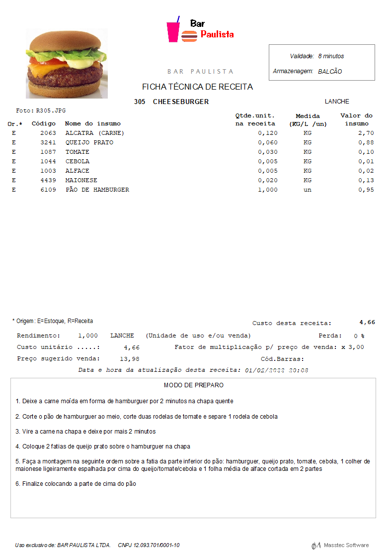 Tela de Ficha Técnica de Receita