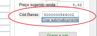 Campo para introdução manual do codigo de barras preenchido