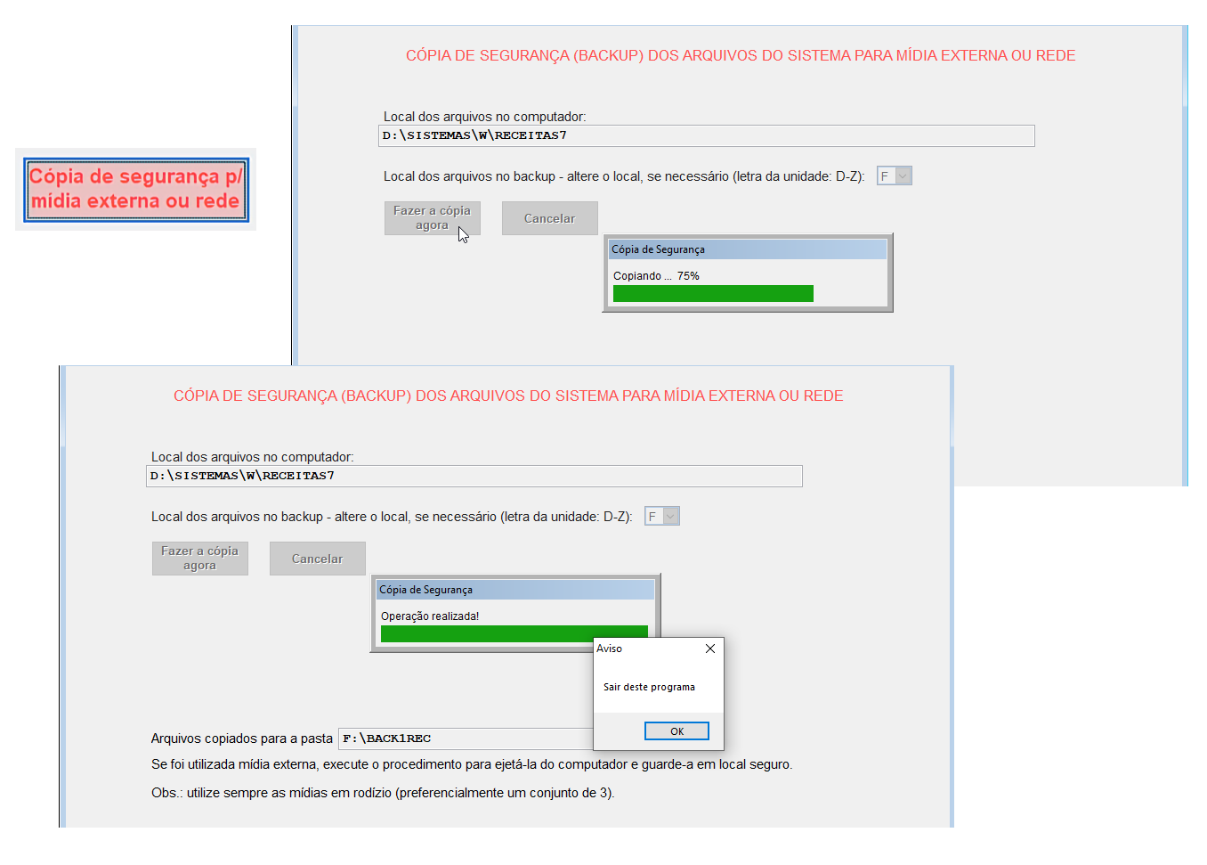 Tela para definição de local da cópia de segurança