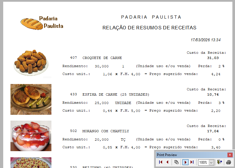 Tela mostrando uma relação resumida das receitas, com fotos