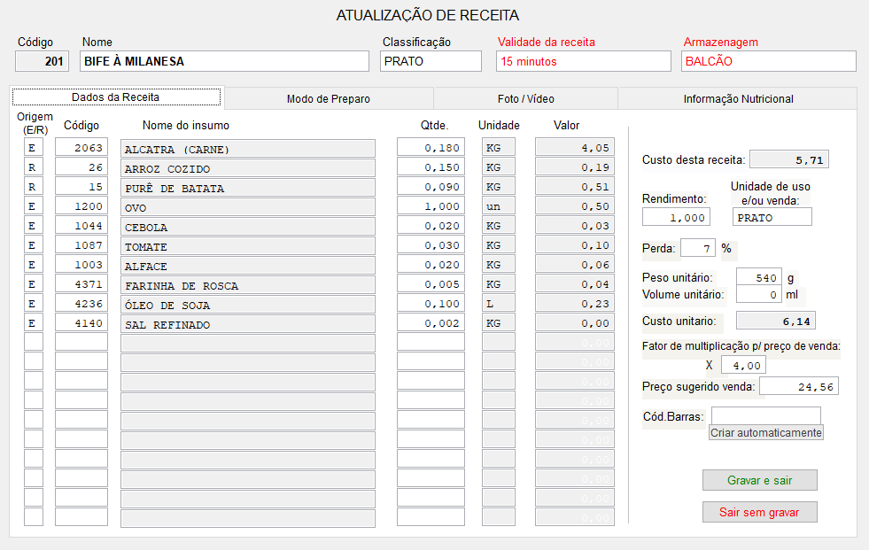 Tela de Ficha Tecnica de Receita