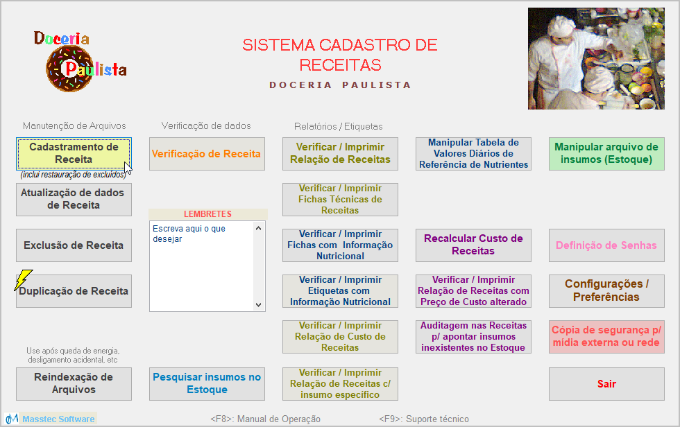 Tela principal do sistema de Receitas