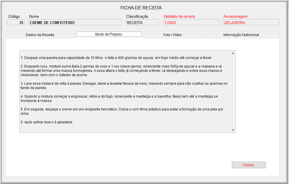 Foto da tela do sistema com modo de preparo da receita