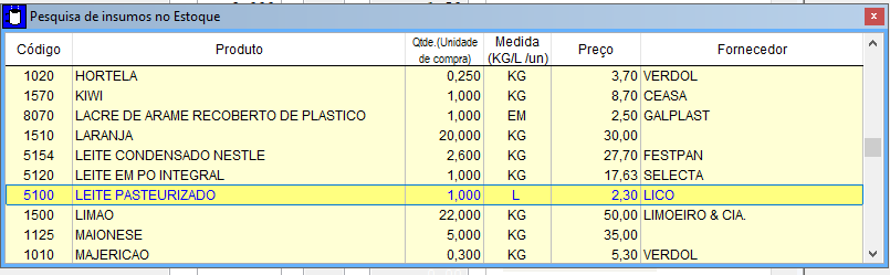 Foto da tela de pesquisa de leite no sistema para cadastrar receita