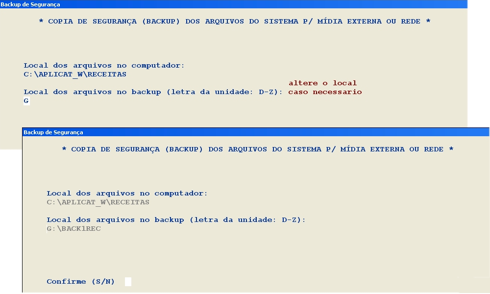 Tela para definição de local da cópia de segurança