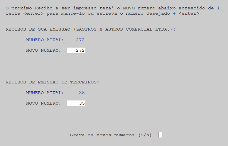 Tela para definição da numeração dos recibos