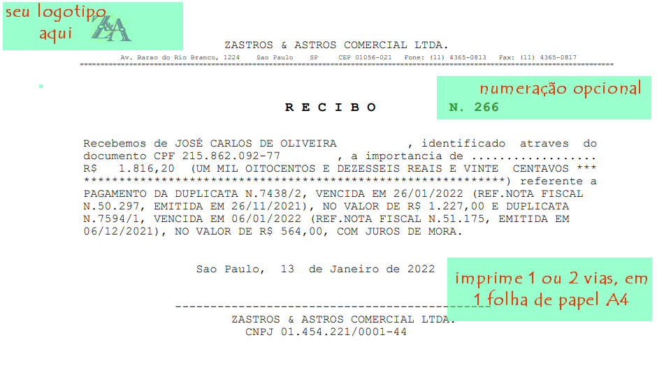 Recibo impresso de emissão da empresa para um cliente