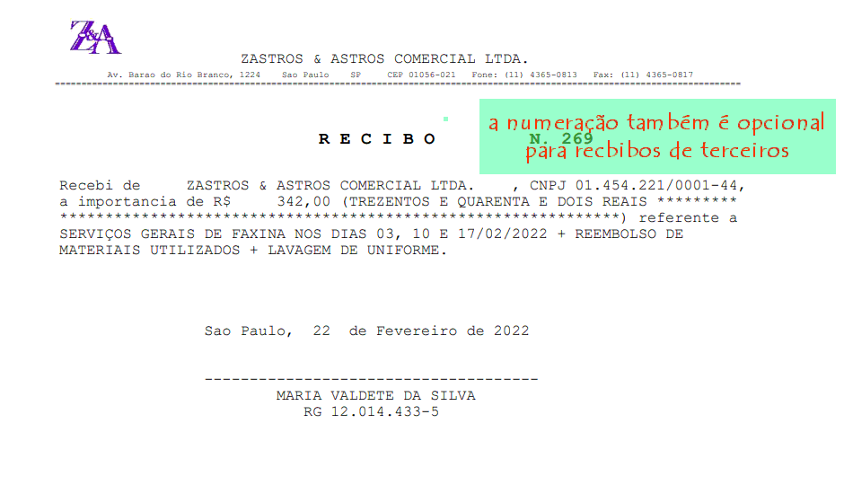 Recibo impresso de uma prestadora de serviço para a empresa