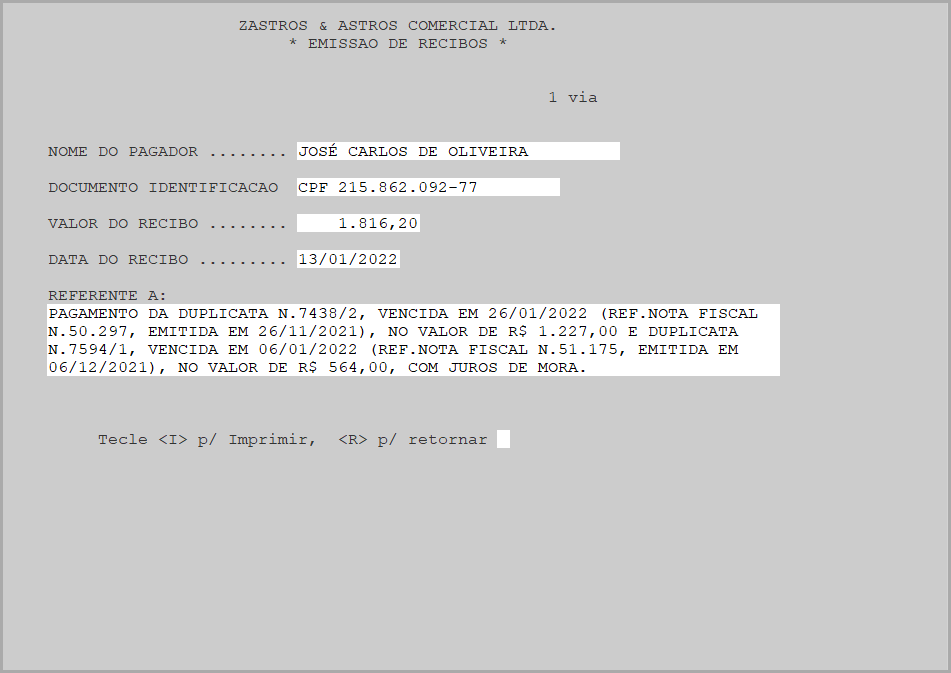 Tela de entrada de dados para o recibo dado pela Empresa