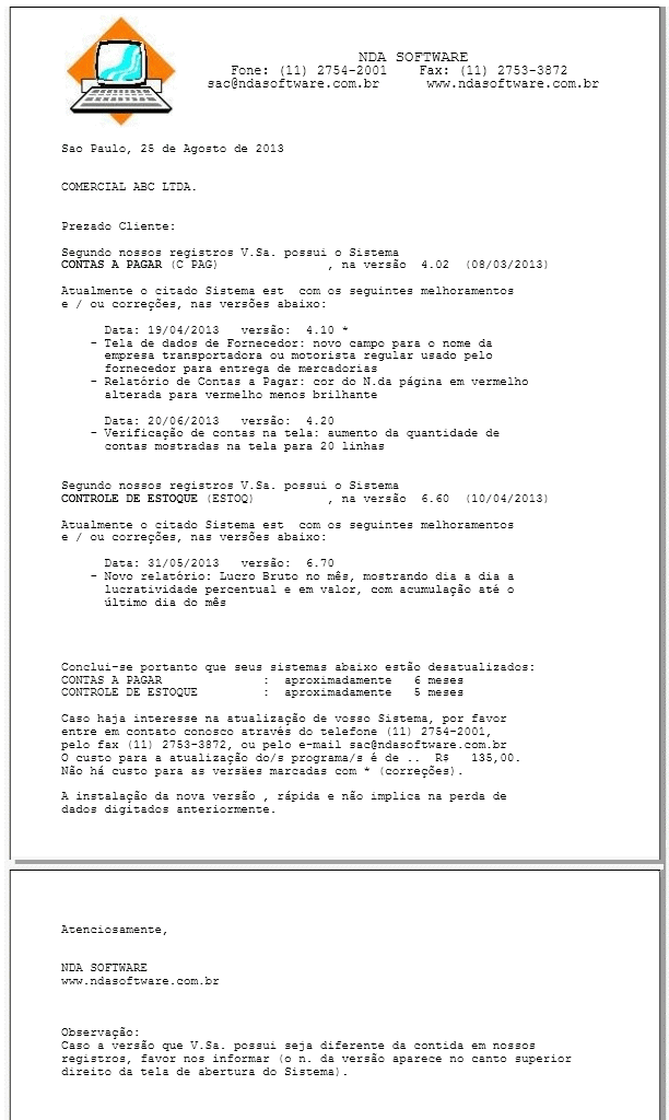 Carta impressa com as atualizações disponíveis para ser enviada ao usuário do sistema