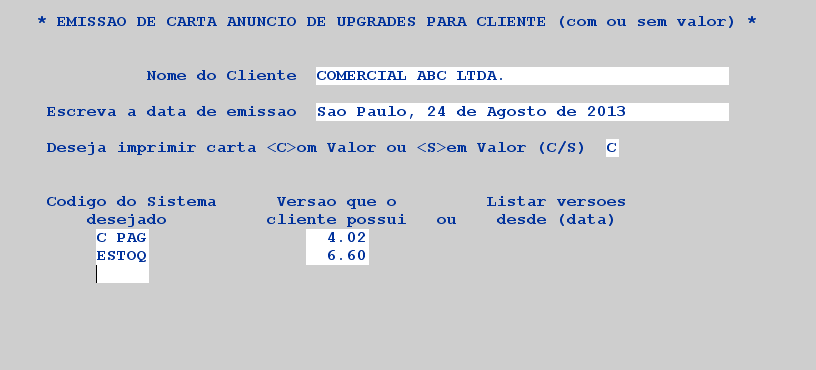 Tela para entrada de dados da versão atual de um software de um usuário